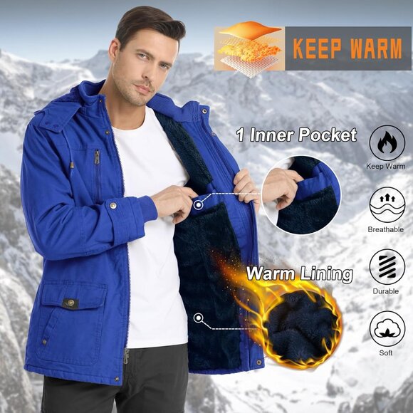 Mens Royal Blue Thick Winter Jacket Hooded Fleece Lined Cotton Military Coat - Picture 2 of 6